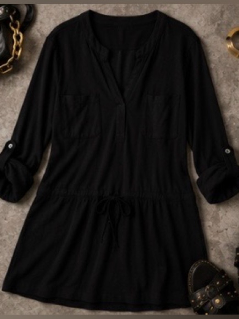 James Perse Cotton Modal Drawstring Shirt Dress Black Size 4 Casual Luxe NWOT - Picture 5 of 6